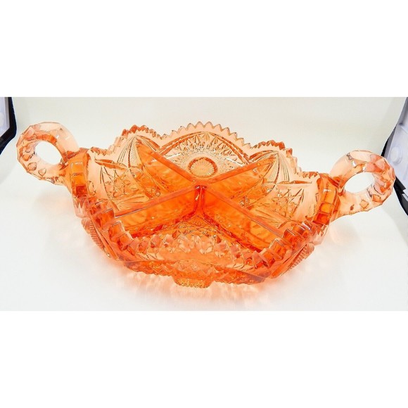 Imperial Pressed Glass Crystal Divided Relish Dish Two Handle Sawtooth Edge - Picture 4 of 11